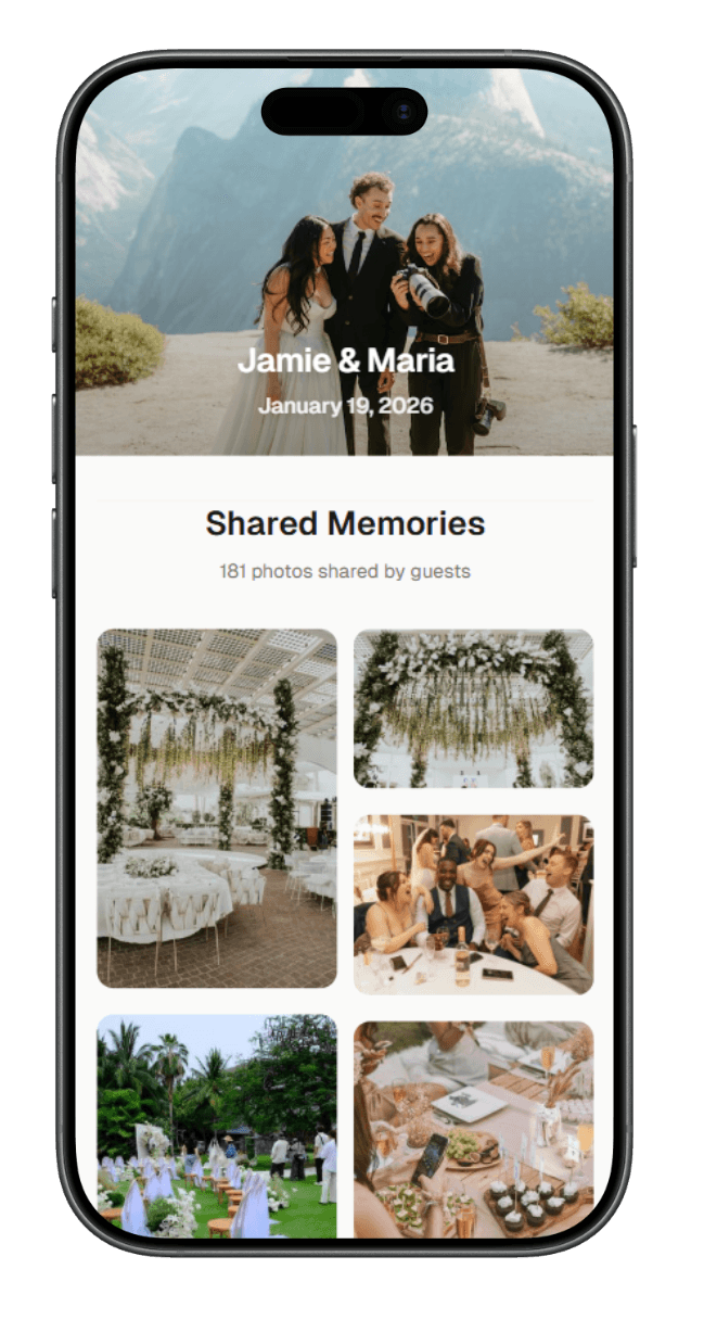 WeddingSnap app preview — guests scan a QR code to share photos