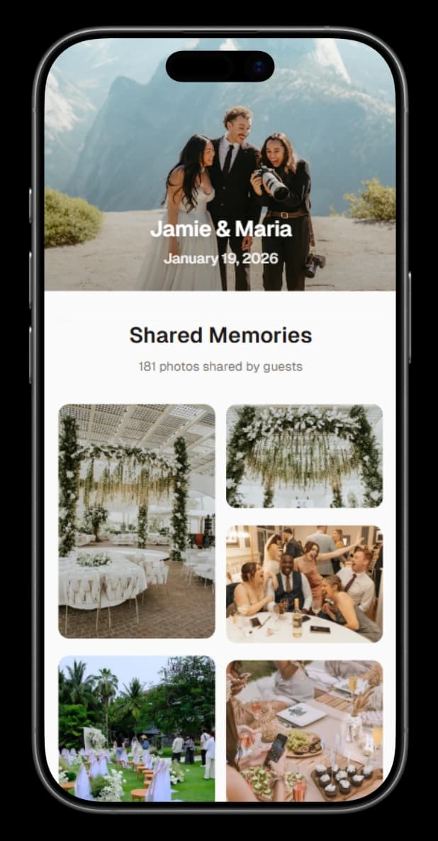 La galerie WeddingSnap d'un couple sur téléphone, avec 181 photos partagées par les invités