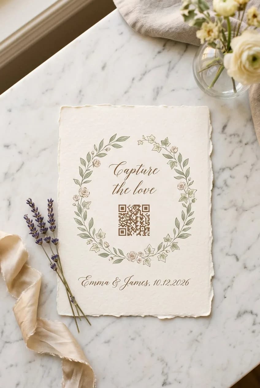 Un panneau QR code « Capture the love » avec les prénoms des mariés, imprimé sur carton crème